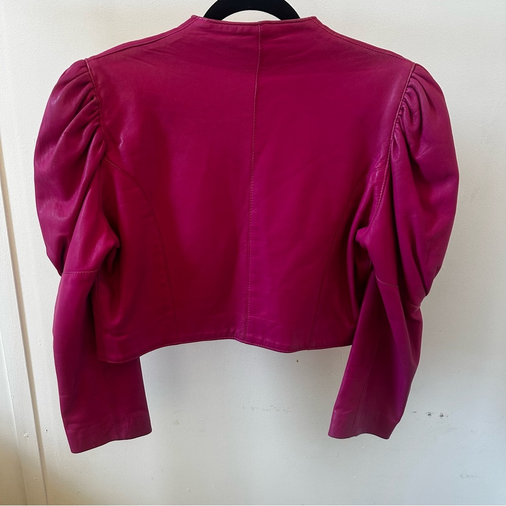 Hot Pink Vintage Lambskin Leather Cropped Jacket | Puff Sleeve Bolero | M - Picture 6 of 8